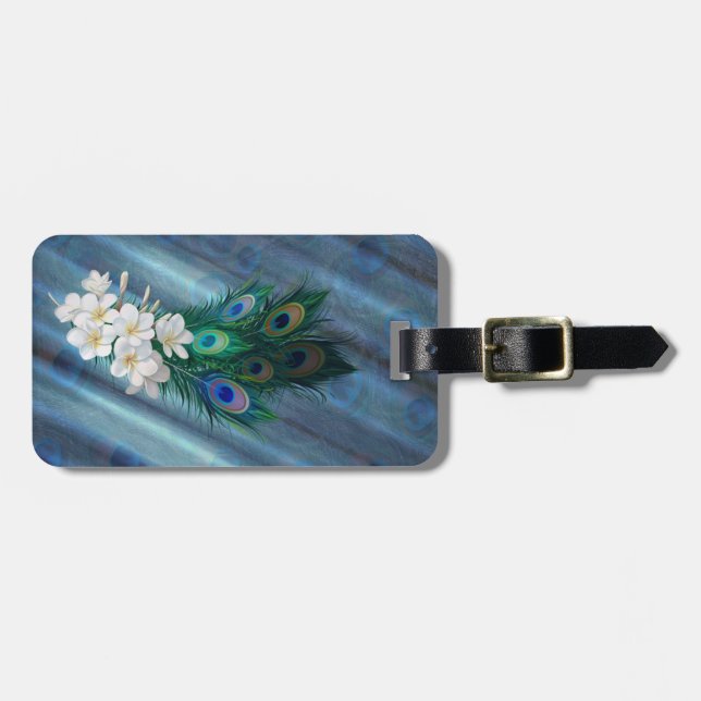 Peacock feather & Emerald Green Metallic Silk Luggage Tag (Front Horizontal)