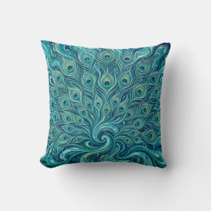 Peacock Feather Fan Throw Pillow – Ocean Blue