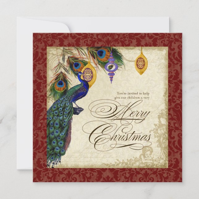 Peacock & Feather Formal Christmas Party Invite (Front)