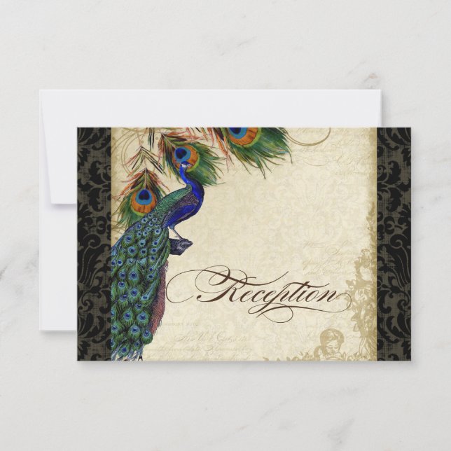 Peacock & Feather Formal Réception Invitation Noir (Devant)