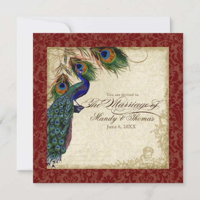 Peacock & Feather Formal Wedding Invite Burgundy (Front)