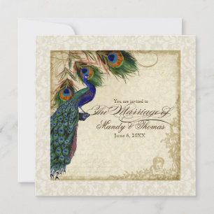 Peacock & Feather Formal Wedding Invite Cream Tan