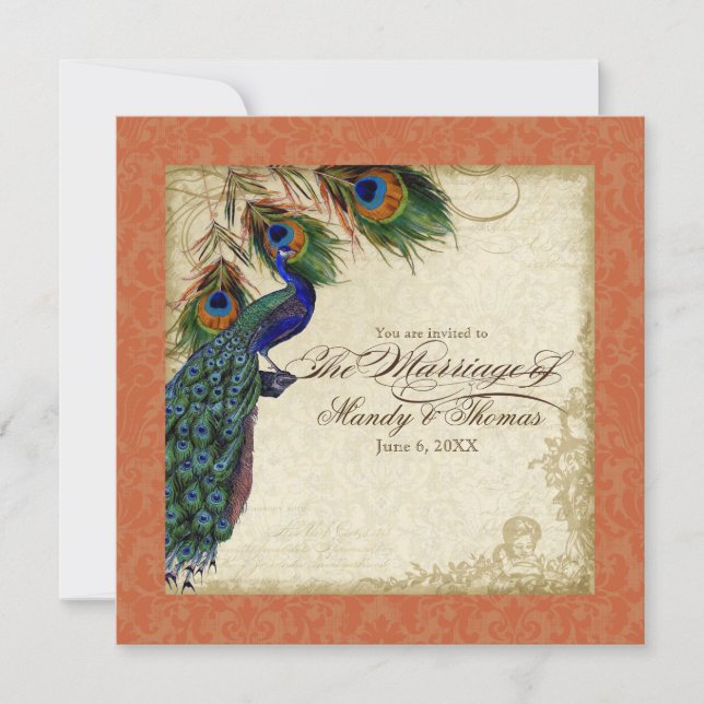 Peacock & Feather Formal Wedding Invite Orange (Front)