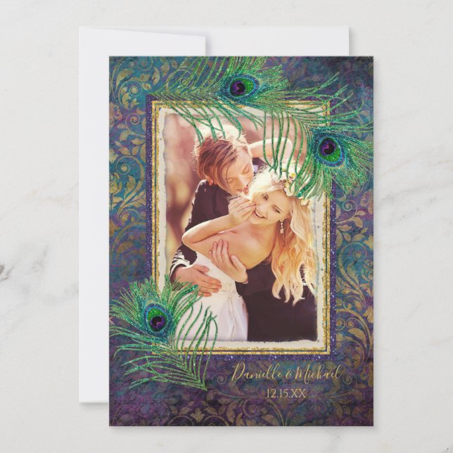Peacock Feather Glitter Purple Photo Save the Date (Front)