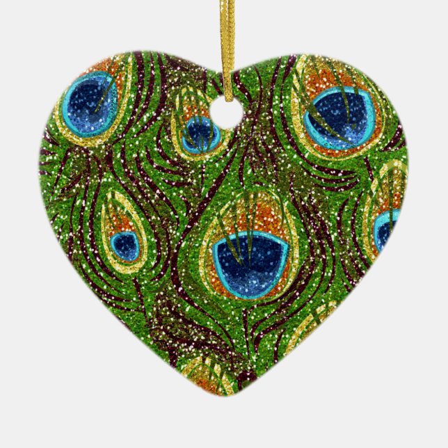 Peacock Feather Glittery Art Print Ceramic Ornament (Front)