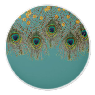 Peacock Feather & Gold Dots ANY COLOR Boho Chic Ceramic Knob