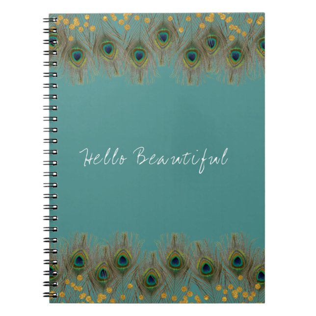 Peacock Feather & Gold Dots ANY COLOR Boho Chic Notebook (Front)