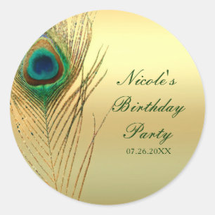 Peacock Feather Gold Exotic Boho Chic Custom Favou Classic Round Sticker