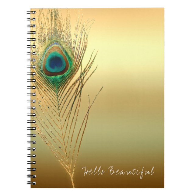 Peacock Feather Gold Exotic Boho Chic Glam Custom Notebook (Front)