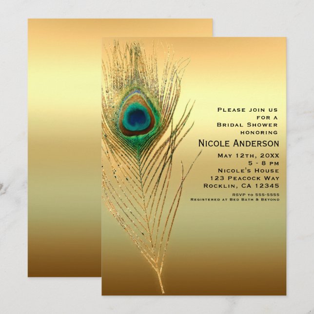 Peacock Feather Gold Exotic Boho Chic Invitations (Front/Back)