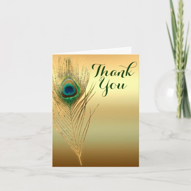 Peacock Feather Gold Exotic Boho Chic Thank You Card (Front)