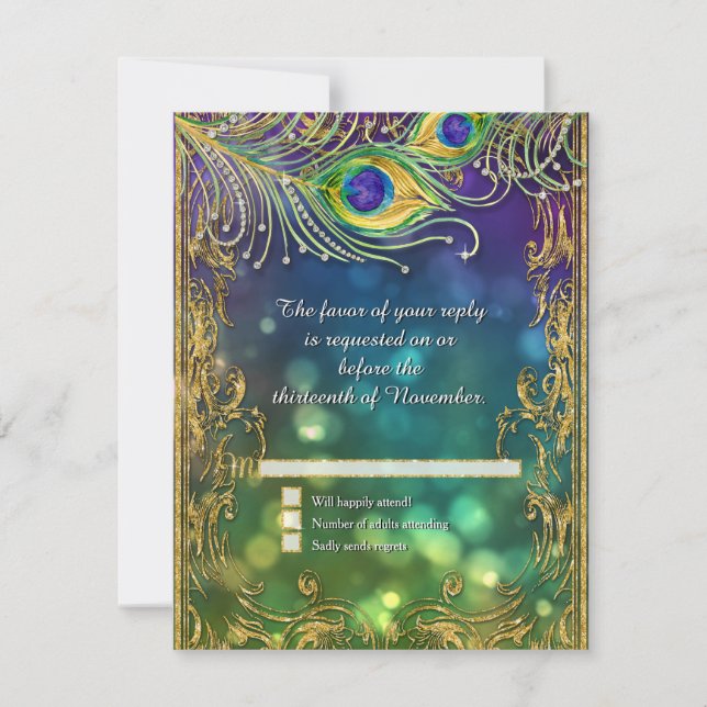 Peacock Feather Gold Glitter Jewelled Wedding RSVP (Front)