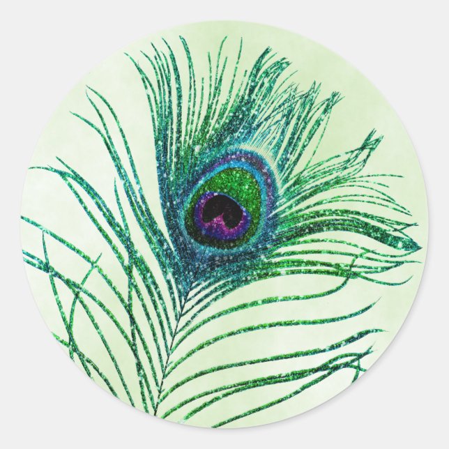 Peacock Feather Green Glitter Classic Round Sticker (Front)