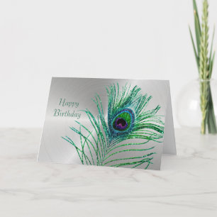 Peacock Feather Green Glitter Silver Birthday Card