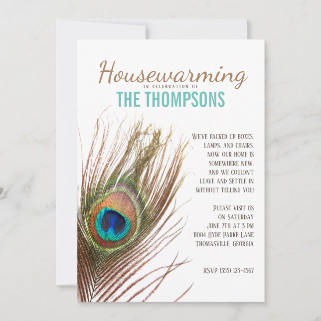 Peacock Feather Housewarming Invitation (Front)