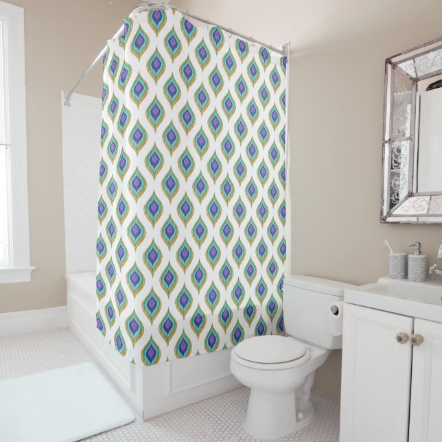 Peacock Feather Ikat Pattern Shower Bath Decor (In Situ)