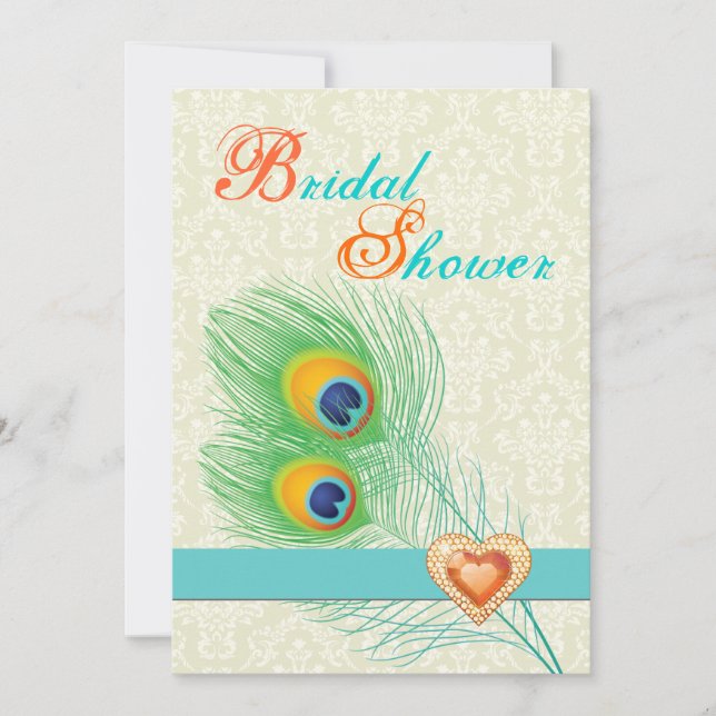 Peacock feather jewel heart wedding bridal shower invitation (Front)