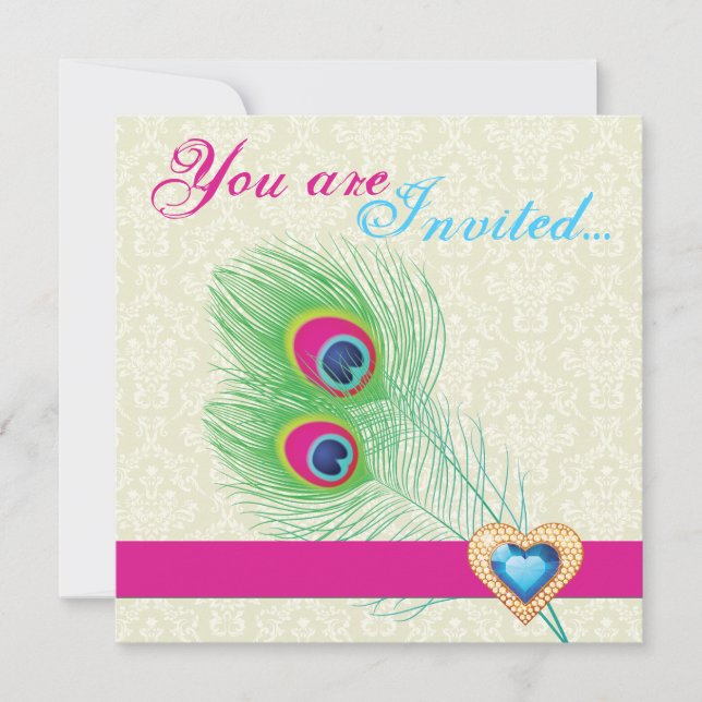 Peacock feather jewel heart wedding invitation (Front)