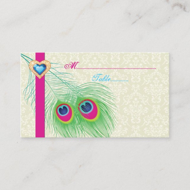 Peacock feather jewel heart wedding place card (Front)