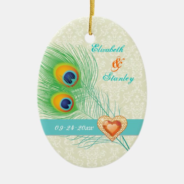 Peacock feather jewel heart wedding Save the Date Ceramic Ornament (Front)