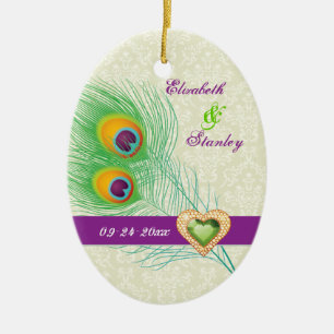 Peacock feather jewel heart wedding Save the Date Ceramic Ornament