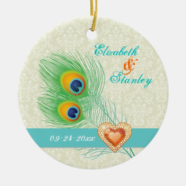 Peacock feather jewel heart wedding Save the Date Ceramic Ornament (Front)