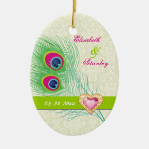 Peacock feather jewel heart wedding Save the Date Ceramic Ornament