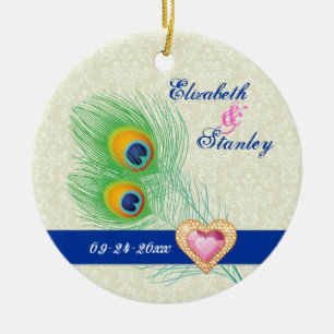 Peacock feather jewel heart wedding Save the Date Ceramic Ornament
