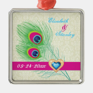 Peacock feather jewel heart wedding Save the Date Metal Ornament