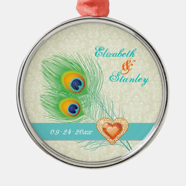 Peacock feather jewel heart wedding Save the Date Metal Ornament (Front)