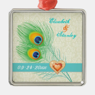 Peacock feather jewel heart wedding Save the Date Metal Ornament