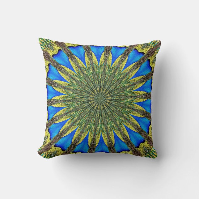 Peacock Feather Kaleidoscope 3 Throw Pillow (Front)