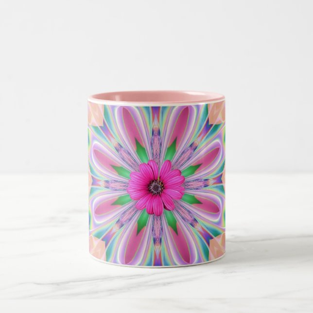 Peacock feather kaleidoscope Two-Tone coffee mug (Center)