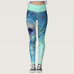 Peacock feather leggings marble teal blue purple