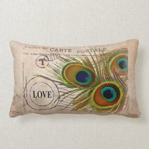 Peacock Feather Love Note Lumbar Pillow