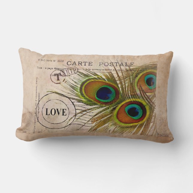 Peacock Feather Love Note Lumbar Pillow (Front)
