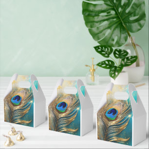 Peacock feather luxurious plume teal white favor box