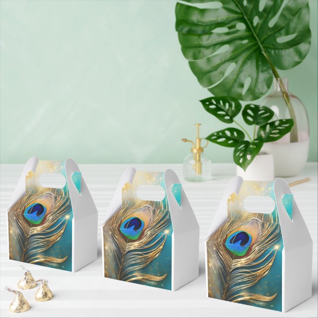 Peacock feather luxurious plume teal white favor box (Multiple)