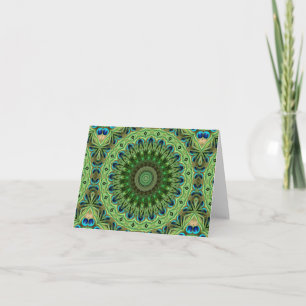 Peacock Feather Mandala Emerald and Blue Symmetry Card