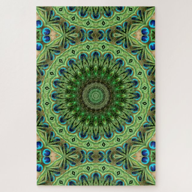 Peacock Feather Mandala Emerald and Blue Symmetry Jigsaw Puzzle (Vertical)
