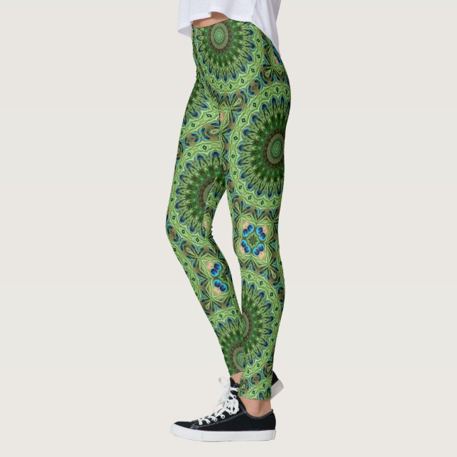 Peacock Feather Mandala Emerald and Blue Symmetry Leggings (Left)