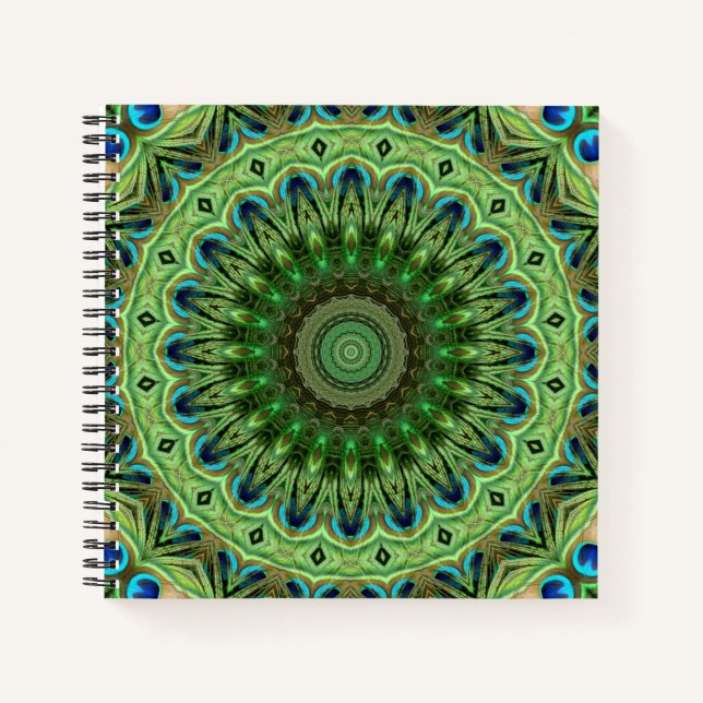 Peacock Feather Mandala Emerald and Blue Symmetry Notebook (Front)