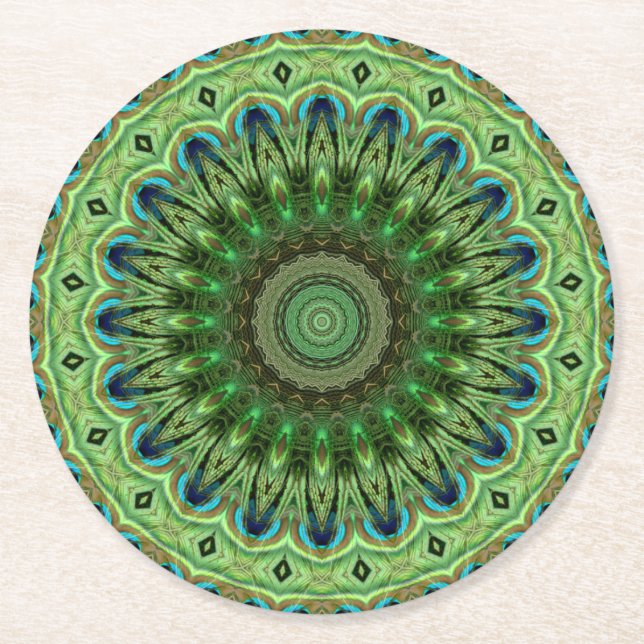 Peacock Feather Mandala Emerald and Blue Symmetry Round Paper Coaster (Front)