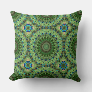 Peacock Feather Mandala Emerald and Blue Symmetry Throw Pillow