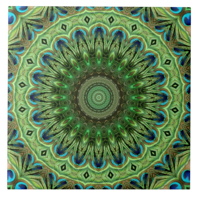 Peacock Feather Mandala Emerald and Blue Symmetry Tile (Front)