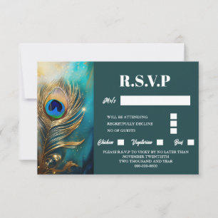 Peacock feather marbled dark teal luxury elegant RSVP card