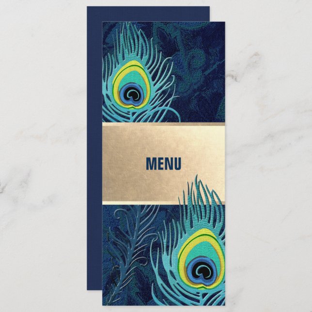 Peacock Feather Marine Blue Gold Mariage Menu Card (Devant / Derrière)