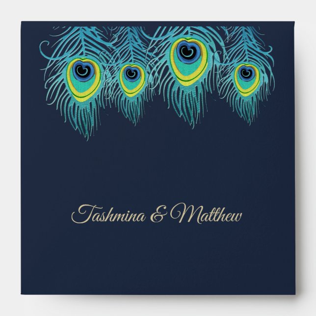 Peacock Feather Marine Blue Mariage Enveloppes (Devant)
