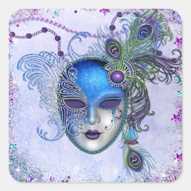 Peacock Feather Masquerade Mask Square Sticker (Front)