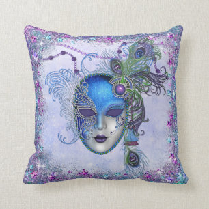 Peacock Feather Masquerade Mask Throw Pillow
